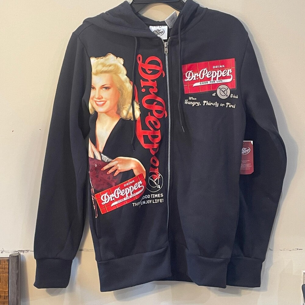 N.W.T ©Dr Pepper Men's Black Zip Hoodie with Graphic Print & Pockets Size XS